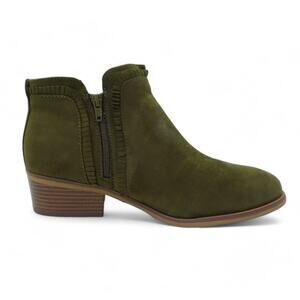 Mia Mable Ruffle Ankle Bootie Block Heel Faux Leather Olive Womens Size US 7.5W